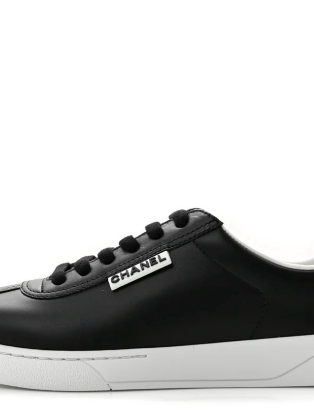CHANEL Black Leather Low-Top Sneaker with White Sole